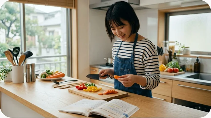 英語学習者がキッチンで泡立て器や木べらを見ながら料理の英語表現を声に出して練習している場面