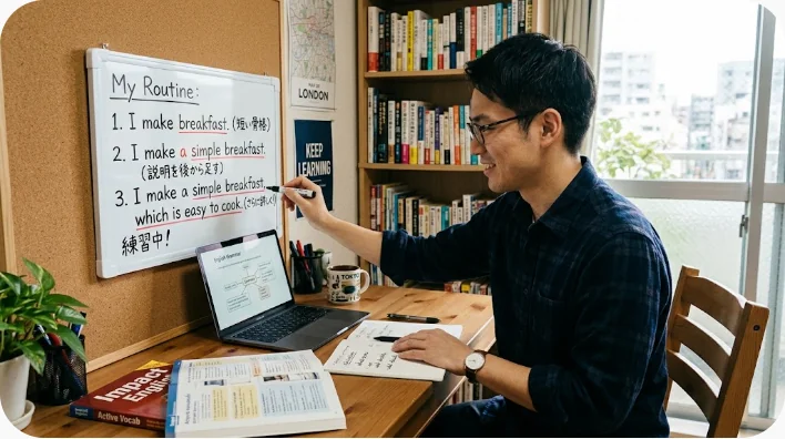 学習者が英文カードを主語と動詞の組に分けて復習する様子