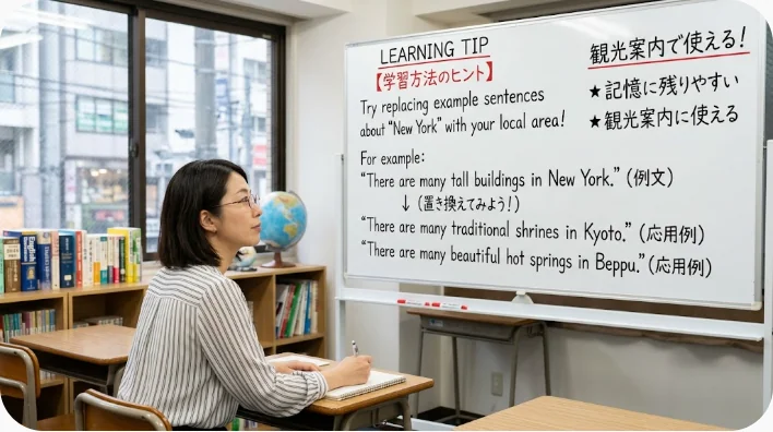 浅草観光後にカフェでノートとフレーズカードを使って英語を復習する日本人学習者