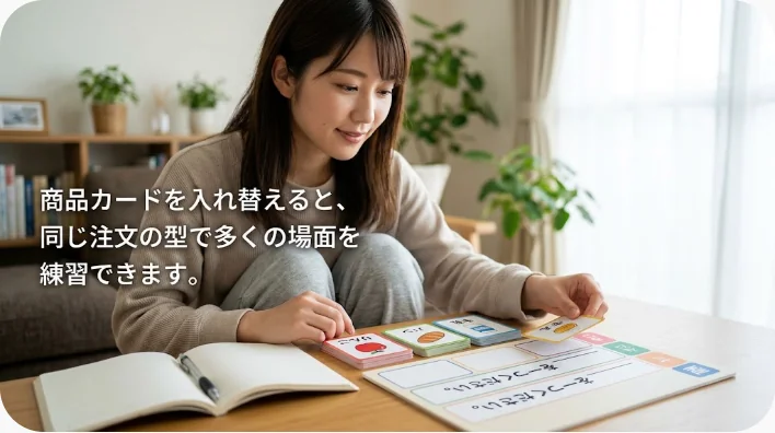 自宅でバーガーや飲み物の絵カードを使い注文フレーズを音読する英語学習者