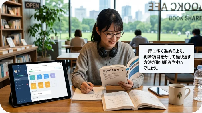 肯定文、否定文、疑問文のカードを並べて週間復習を進める成人英語学習者