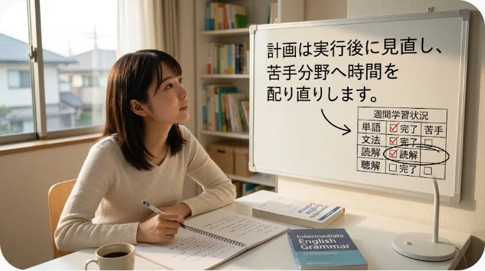 英検教材のそばで一週間の英語学習確認表を見直す日本人学習者