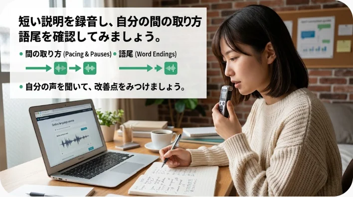 小さなひな飾りと桃の花をそばに置き、スマートフォンへ英語を録音する日本人学習者