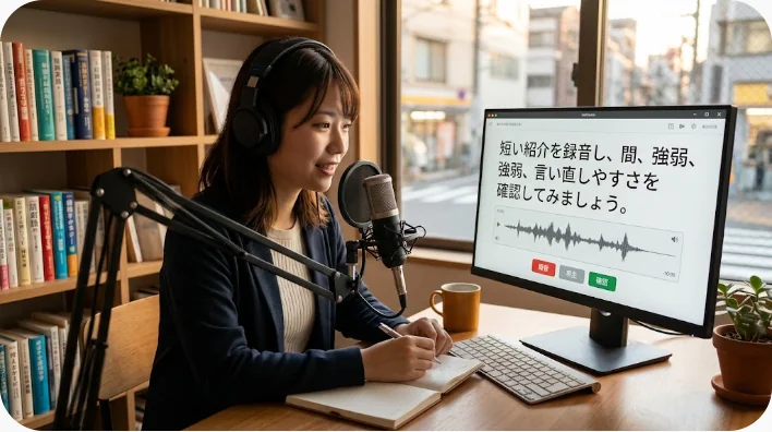日本人の英語学習者が家族写真カードとスマートフォンを使って家族紹介を音読している場面
