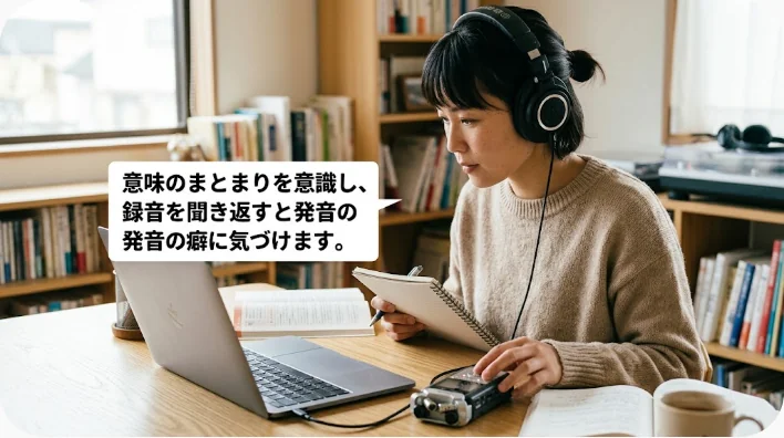 英語学習者が自宅で学習カードを使いバレンタインのフレーズを音読する様子