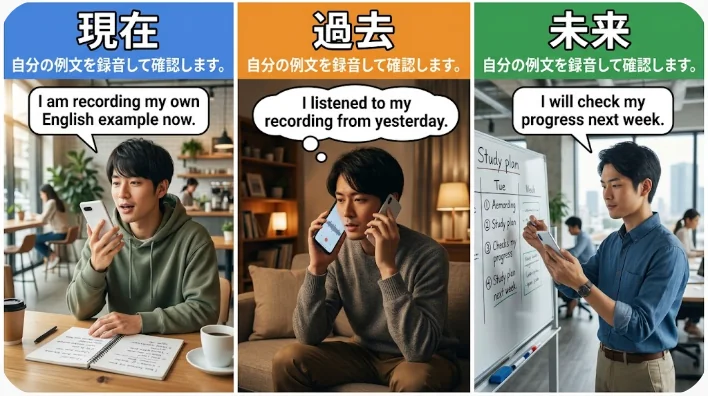 三枚の学習カードと録音機を使って仮定法を音読する成人学習者