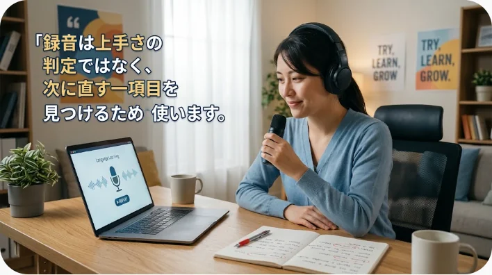 自宅の机で英語のことわざを音読して録音する東アジア系の成人学習者
