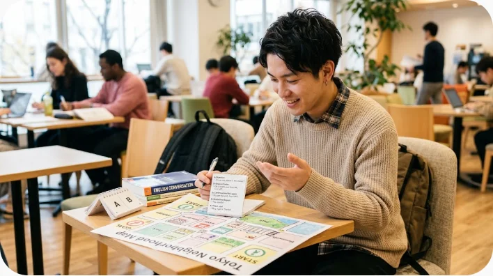 自宅の机で手描き地図を使いながら道案内の英語を声に出して練習する学習者
