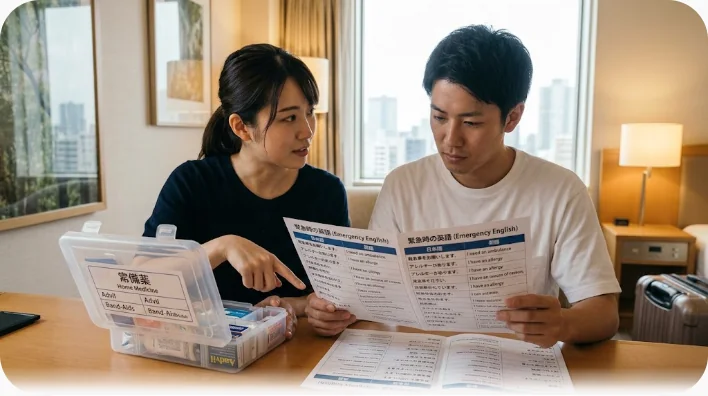 日本人旅行者と同行者が薬用ポーチ、アレルギーカード、緊急連絡先を出発前に確認する様子