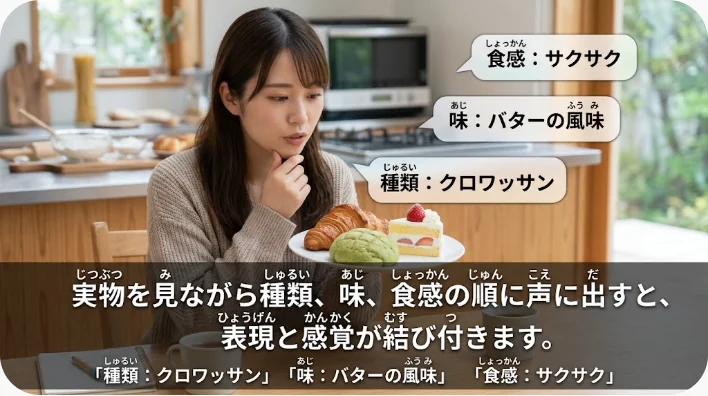 自宅で和菓子や米菓を見ながら英語フレーズを声に出して練習する成人学習者