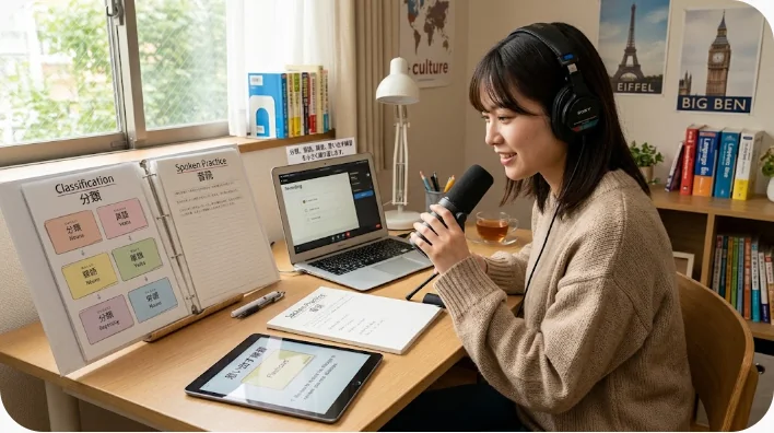 感情別の英単語カードを使って英語を音読し録音する日本人学習者