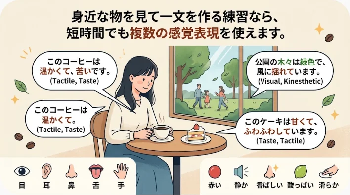 時計や色見本や果物を使って自宅で英語を声に出す成人学習者