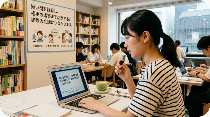 ノートとスマートフォンを使って恋愛英語を音読練習する日本人の成人学習者