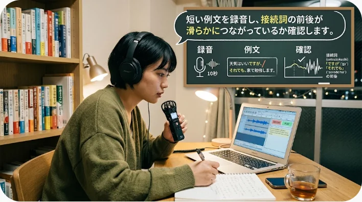 自宅で英文カードと録音機能を使い接続詞を声に出して練習する英語学習者