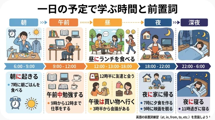 学習者が時計と予定表を使って英語の時間帯表現を音読している横長画像