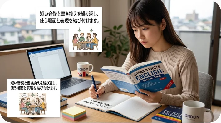 日本人の成人学習者が貿易英語のカードと業務メールを使って音読練習する場面
