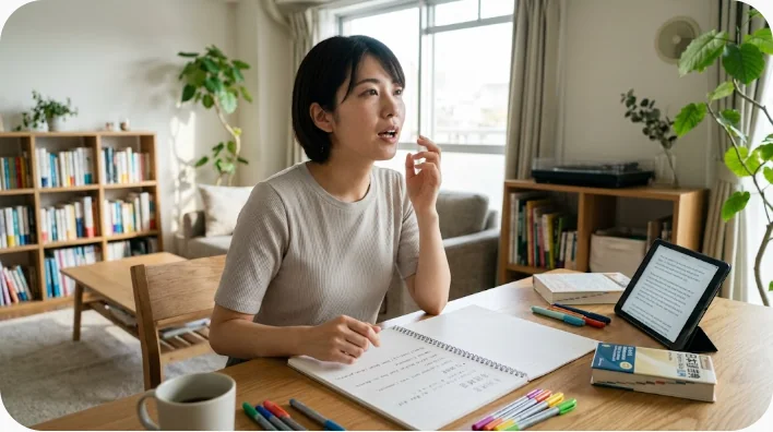 単語カードとノートを使い英語の記憶表現を声に出して練習する東アジア系の成人学習者