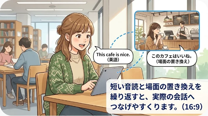 自宅でコスパに関する英語表現を音読して復習する日本人学習者