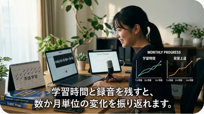 自宅で進捗ノートを見ながら英語の発話を録音する日本人学習者