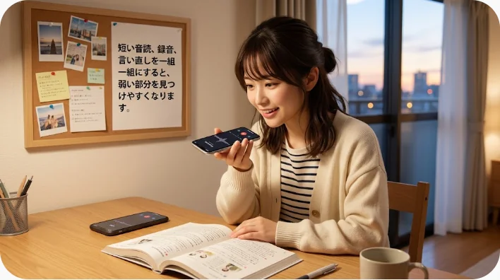 机で復習カードと録音機能を使い英語の説明を練習する日本人学習者