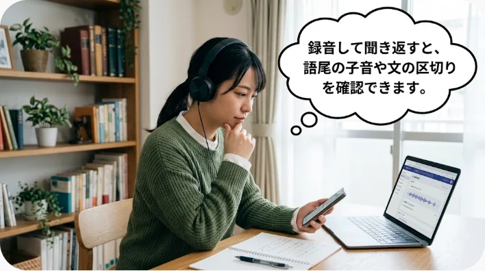 英語学習者が単語カードと録音機能を使ってお墓参りの英語表現を音読する場面