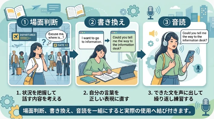 自宅でカードを使い英語の敬称を声に出して練習する日本人学習者