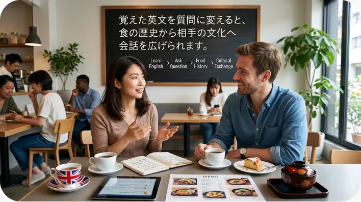 日本人英語学習者が食卓で多様な英語話者と食文化について話している画像