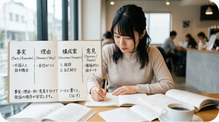 英語学習者が英国と欧州の地図を見ながらニュースの要約と音読を練習する様子