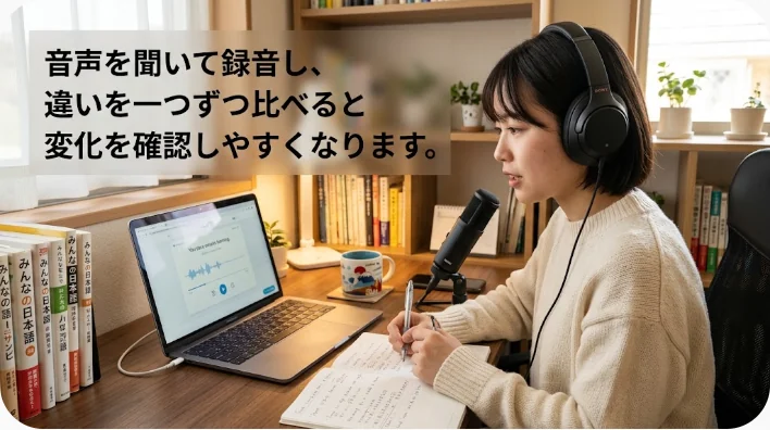 ヘッドホンで英米の発音を聞きながらスマートフォンに自分の声を録音する日本人学習者