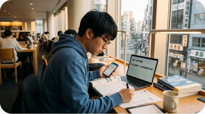 カレンダーと教材を使って英検またはTOEICの学習計画を立てる英語学習者