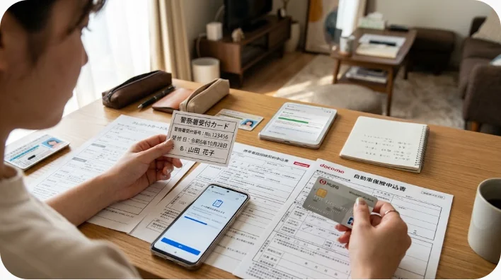 盗難届の写しを確認しながら銀行と保険窓口へ連絡する日本人旅行者