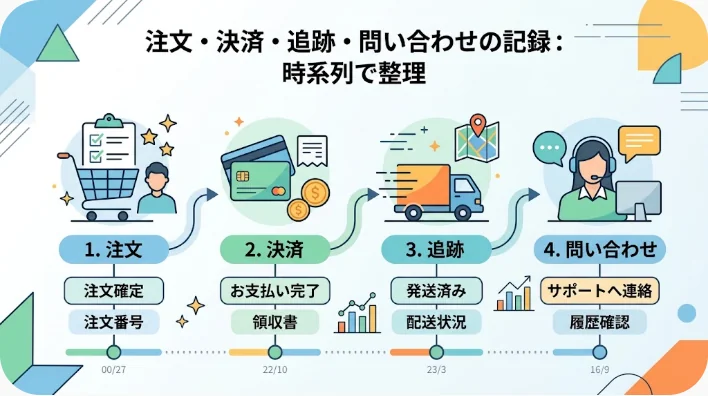 海外通販トラブルの相談に備えて注文記録や画面保存を整理している様子
