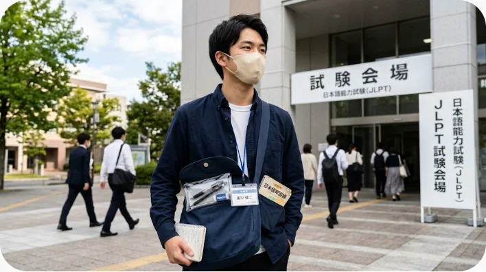 英語学習者が少額紙幣、メジャー、バッグ、フレーズ帳を確認している様子