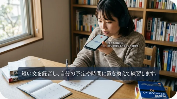 日本人の成人学習者が自宅でノートと録音機能を使って休憩の英語表現を音読している画像
