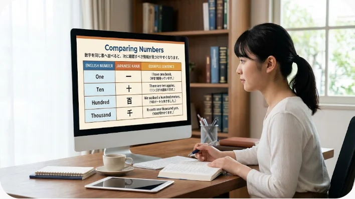 日本人の学生が大学比較表、奨学金資料、パスポートを机に並べて進学準備をしている様子