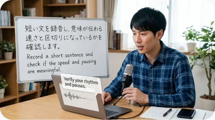 英語学習者が机で医療英語のカードを見ながらスマートフォンに発音を録音している画像