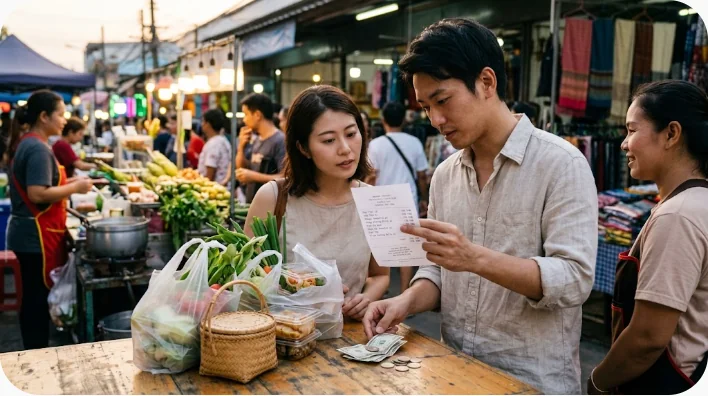 旅行者が店員と合計金額を確認し、レシートを受け取って買い物を終えている様子