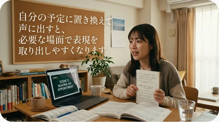 日本人の英語学習者が会話相手とパーティーの招待表現を声に出して練習している様子