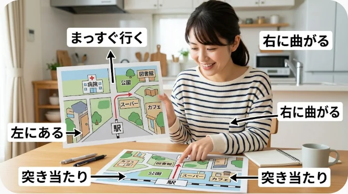 地域の地図とノートを使って英語の道案内を練習する学習者