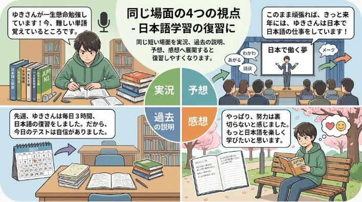 絵カードとノートを使ってひつじの映像について英語を声に出す学習者