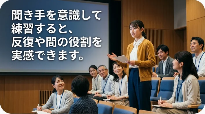 日本人学習者を含む多様な成人グループが英語の短いスピーチを練習する場面