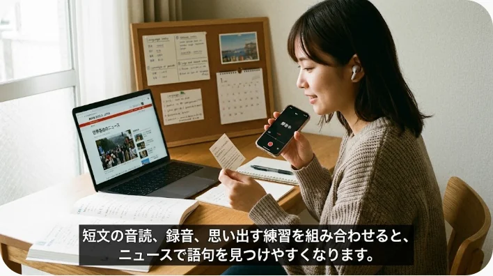 成人の日本人英語学習者が単語カードとノートを使って森林火災の英語表現を音読する様子