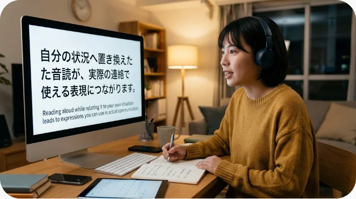 日本人の英語学習者が体調表現をノートで復習し電話練習を始める場面