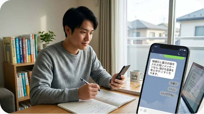 カフェでスマートフォンから美術館への英語の誘いを送る日本人学習者