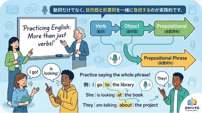 英語学習者が掲載に関する例文カードを使って音読練習をしている様子