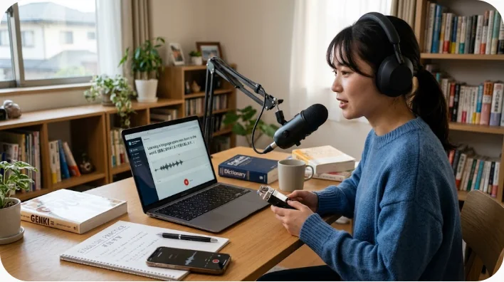 スマートフォンで英語の音読を録音しながら週間学習表を確認する成人学習者