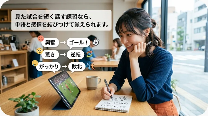 試合後にメモを見ながらサッカー英語を音読する成人学習者