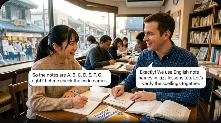 音楽教室でギターを持つ学習者に、講師が譜面台のコード表を指しながら説明している場面