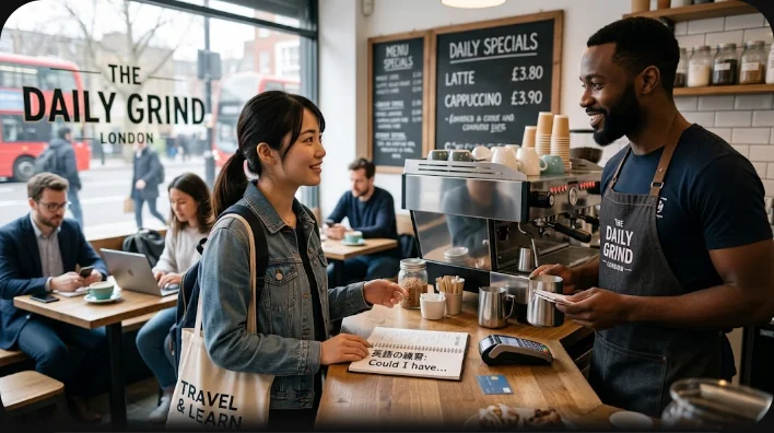 イギリスのティールームで、東アジア系の旅行者が三段スタンドの置かれたテーブルから店員に話しかけている様子