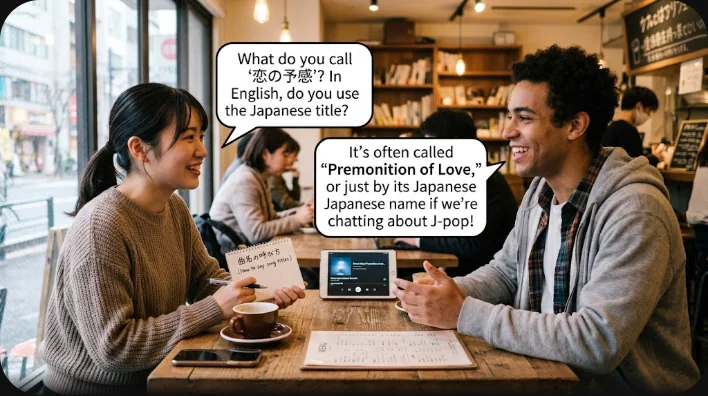 カフェで日本人学習者とイギリス人女性が音楽について会話している様子